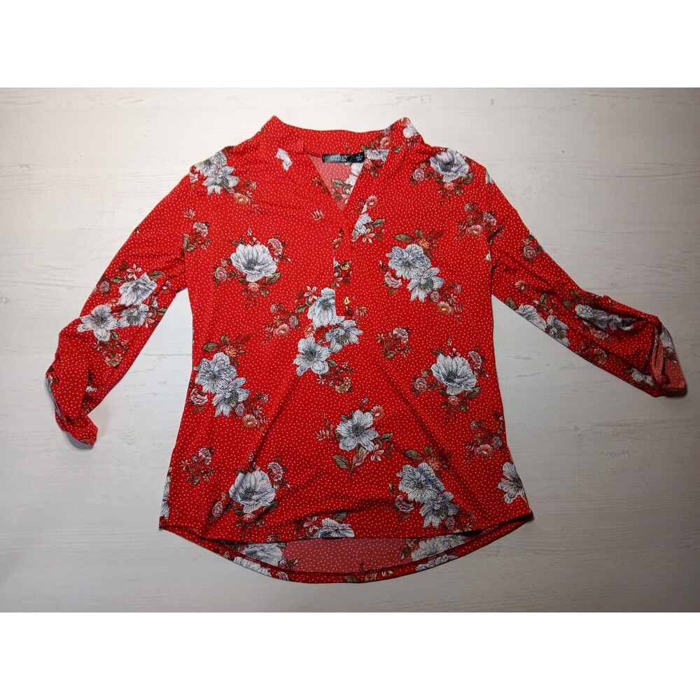 Red Floral Henley V-Neck Blouse With Permanent Roll Tab Sleeves Cure Tunic Top S